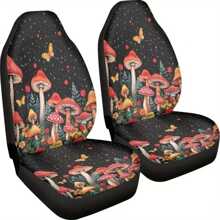 2pcs Aesthetic Starry Night Mushroom Printed Car Seat Covers, Universal Fit Car Seat Covers For Front Seats Only, Automotive Bucket Seat Cushion Pad