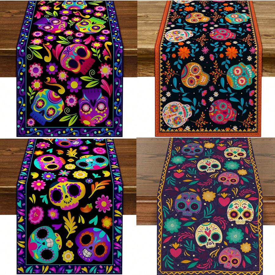 Toalha de mesa com estampa de caveira do Dia dos Mortos, ideal para festas temáticas de Halloween e Carnaval Mexicano. Perfeita para cozinha, restaurante e decoração de casa. Ideal para fazendas, residências, feriados, festas, aniversários, casamentos e jantares. Decorações de Halloween e festas temáticas em casa.
