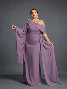 Faeriesty Mosy Plus Size Evening Gown, Asymmetric Neckline, Flared Sleeves And Tiered Side Design - Elegant Mother Of The Bride Dress, Formal Gala Dress, Red Carpet Attire, Black Tie Event Wear - Mauve Purple - View 2