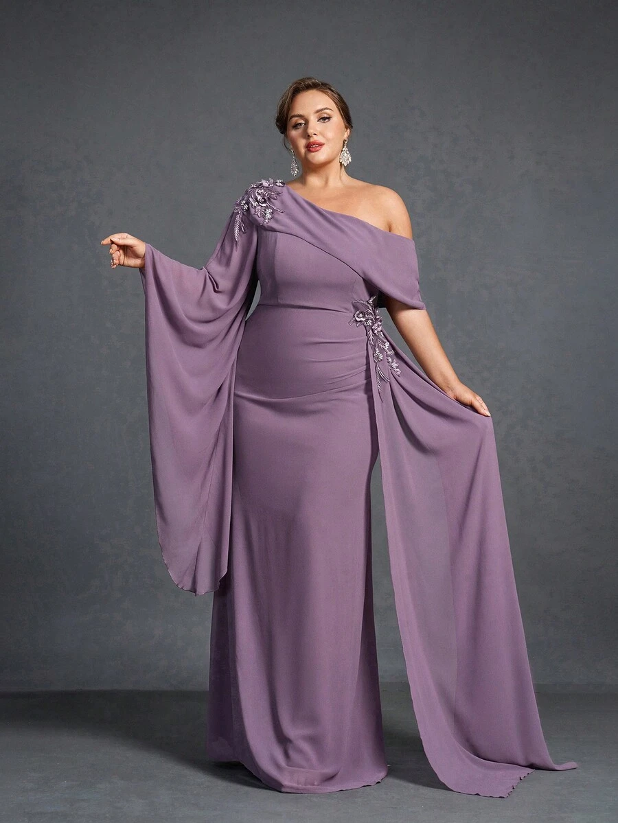 Faeriesty Mosy Plus Size Evening Gown, Asymmetric Neckline, Flared Sleeves And Tiered Side Design - Elegant Mother Of The Bride Dress, Formal Gala Dress, Red Carpet Attire, Black Tie Event Wear