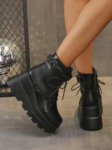 Stivaletti alla caviglia da donna con platform da 9 cm per l'autunno/inverno, moda, comodi, suola spessa, punta tonda, con lacci e cerniera, stivali corti casual da esterno