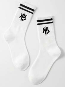 1pair Men's/Women's/Couples' Double-Bar Athletic Letter Printed Mid-Calf Socks, Soft, Comfortable And Breathable, Suitable For Students Returning To School And Daily Use, Fall - Black and White - View 1