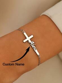 Pulseira de Cruz Personalizada, Material de Aço Inoxidável Prateado, Joias Cristãs, Nome em Letra Inglesa Personalizável, Adequado para Homens e Mulheres, Presente de Batismo, Amuleto, Joias de Jesus, Prata, Moda, Colorido, Retrô, Minimalista, Unissex, Casual, Fofo, Personalizado, Único, Presente Ideal para Ele, Presente Ideal para Ela, Namorado, Namorada, Pai, Mãe, Família, Amigos, Aniversário, Formatura, Baile de Formatura, Festa, Joias de Aço Inoxidável, Amuleto de Ano Novo - Prata - Visão 1