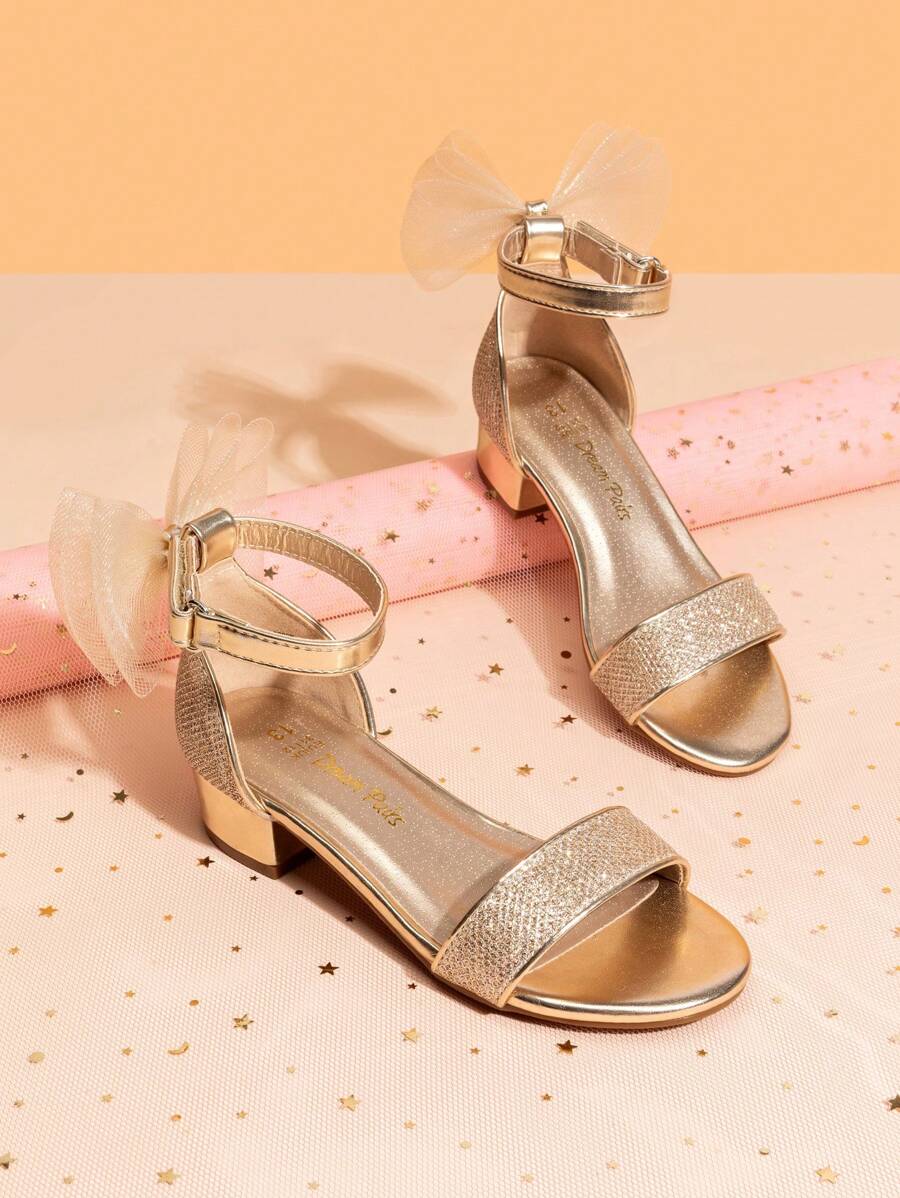 Girls Sandals Low Heel Dress Pump Ankle Strap Interchangeable Bow Flower Wedding Party Shoes For Little Kid/Big Kid - 金色閃光 - 查看 1