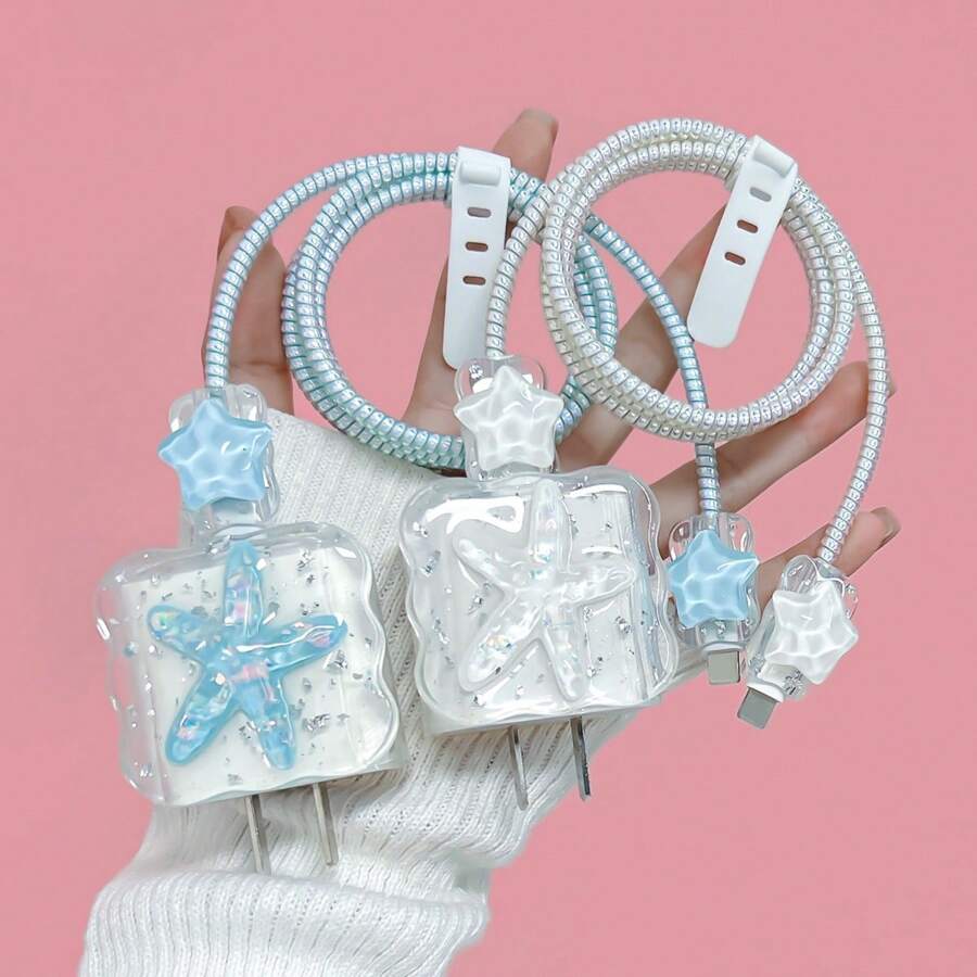 5 piezas Cubiertas protectoras de cargador USB en forma de estrella de cristal, 18W/20W - Multicolor - Ver 1