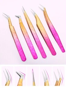 LRIS 5pcs Eyelash Extension Tweezer Set, Stainless Steel Slanted Tip Eyelash Tweezers For Professional Lash Extensions (Pink) - Multicolor - View 5