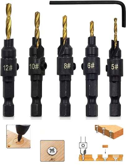 Vmingo Set 5 pzs Broca Avellanador Madera Taladro Carpintero Tornillo Kit.