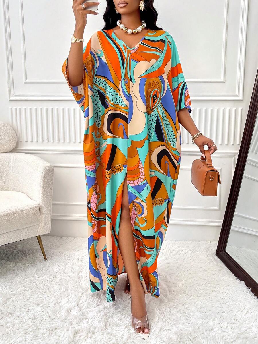 BIUBIU Summer Fashion Elegant Resort Plus Size Women's V-Neck Bat-Sleeve Slit Botanical Print Dress (Random Print) - Orange - View 1