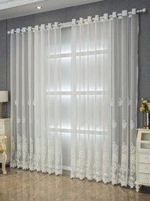 1pc European Style Floral Beaded Embroidered Curtains, White Color, Multi-Use For Bedroom/Living Room/Dining Room/Kitchen, Elegant & Lightweight, UV Protection