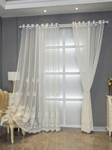 1pc European Style Floral Beaded Embroidered Curtains, White Color, Multi-Use For Bedroom/Living Room/Dining Room/Kitchen, Elegant & Lightweight, UV Protection