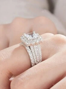 Tsnamer 2 Pcs/Set Vintage Style Princess Halo CZ Wedding Promise Engagement Ring Sets For Women Bridal Sets Jewelry Gifts - Ring - View 2