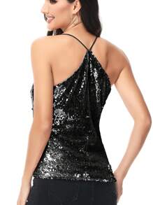 Women's Scoop Neck Razer Back Sequin Spaghetti Strap Camisole Tank Top Blouse - Black - View 2