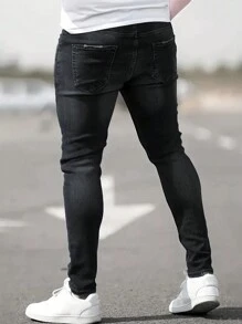 Men's Fashionable Slim Fit Black Ripped Distressed Stretch Jeans, Grunge - Black - View 2