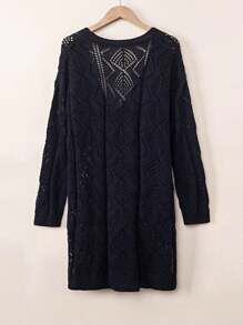 Boho Retro Cotton Mix Crochet Knit Hollow Light Weight Button Front Side Slit Long Cardigan - màu đen - Xem 8