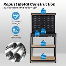 Workbench With Pegboard, Tool Storage Workbench W/ Shelves & Drawers, 13 Hanging Accessories, Robust Metal Frame, Versatile Tool Organization Work Table For Garage, Workshop, Black + Blue - 藍色 - 查看 7
