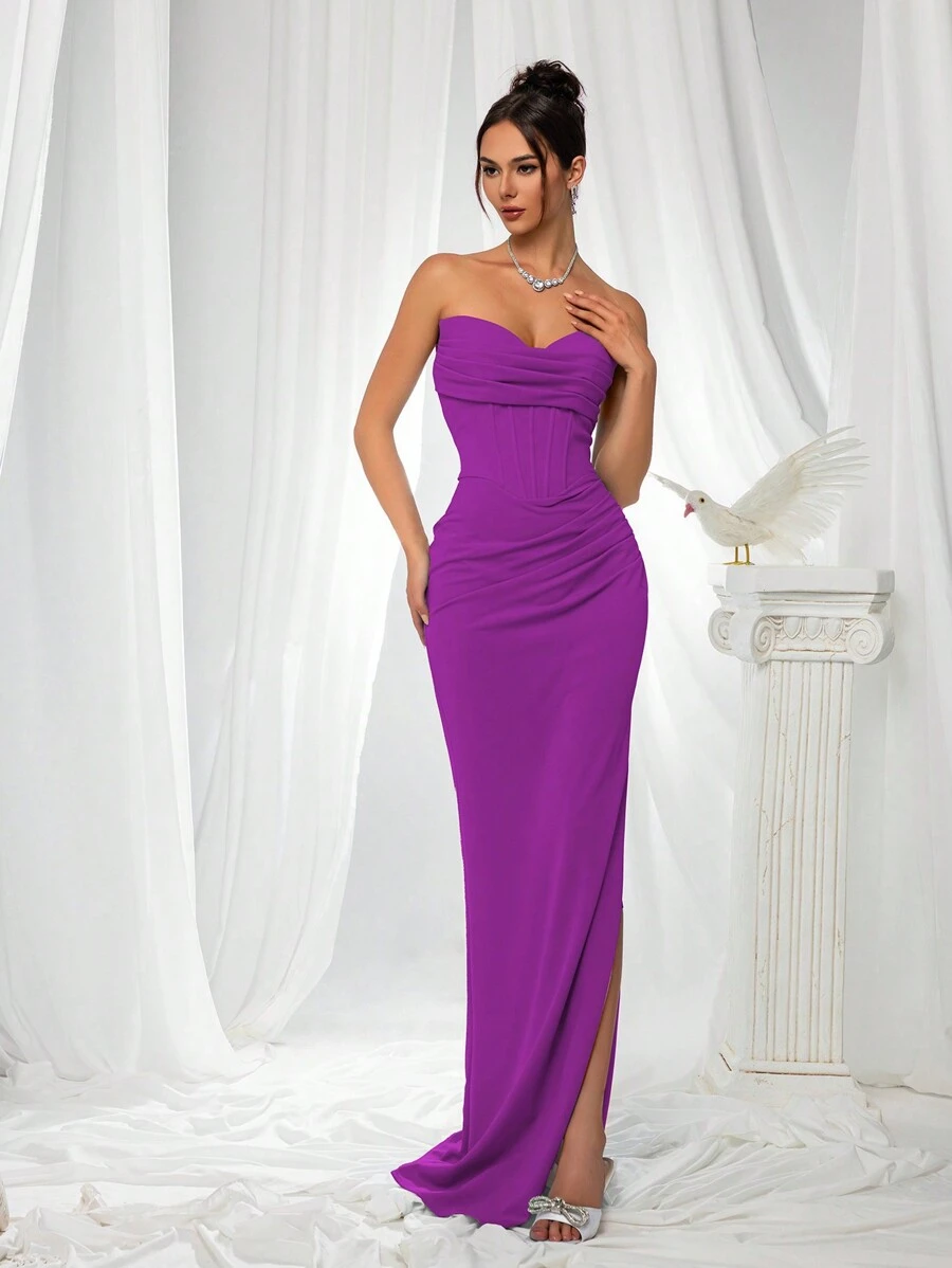 VIPGIRL Purple Bandeau High Slit Elegant Women's Evening Gown, Bridesmaid Dress - 中紫紅色 - 查看 1