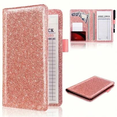 别致的闪光服务员手册 - 人造皮革，多隔层整理钱包，带安全封口，适合存放现金、账单和收据，完美适合围裙，2 个拉链口袋，服务员配件，服务手册，收据夹，黑色/粉色/紫色/玫瑰金色