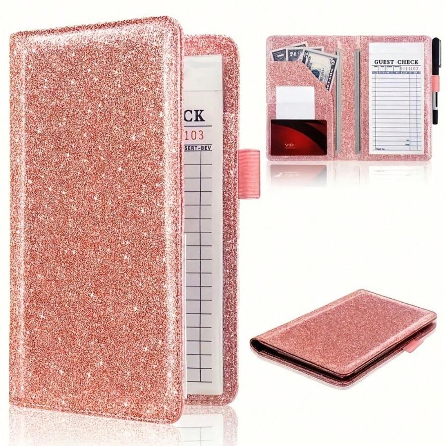别致的闪光服务员手册 - 人造皮革，多隔层整理钱包，带安全封口，适合存放现金、账单和收据，完美适合围裙，2 个拉链口袋，服务员配件，服务手册，收据夹，黑色/粉色/紫色/玫瑰金色
