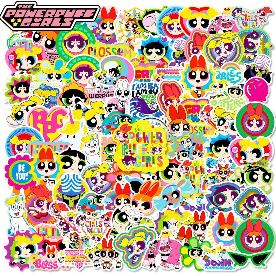 THE POWERPUFF GIRLS 飞天小女警 100 张可爱贴纸，回到学校卡哇伊乙烯基防水卡通飞行女警女孩贴纸，适用于水瓶行李箱笔记本电脑便笺簿滑板，卡通贴纸包，适合儿童青少年成人 [官方授权] - 彩色 - 查看 1