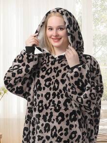 1 Pcs Sherpa Wearable Blanket Hoodie, Oversized Sherpa Fleece Sweatshirt Blanket With Giant Hood Pocket And Sleeves For Adult, Warm & Cozy Blanket Gifts For Women - 豹 - 查看 3