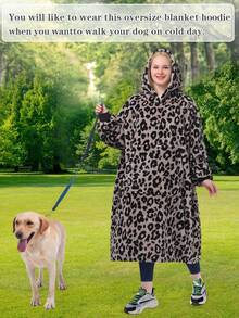 1 Pcs Sherpa Wearable Blanket Hoodie, Oversized Sherpa Fleece Sweatshirt Blanket With Giant Hood Pocket And Sleeves For Adult, Warm & Cozy Blanket Gifts For Women - 豹 - 查看 6
