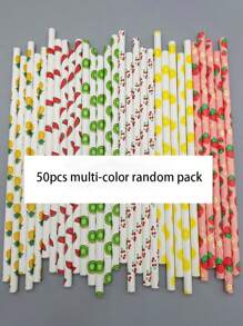 25 件/50 件可爱水果印花纸质吸管，适用于派对、果汁和饮料，一次性草莓、樱桃、西瓜、柠檬、菠萝、猕猴桃图案吸管，适用于万圣节或圣诞派对，