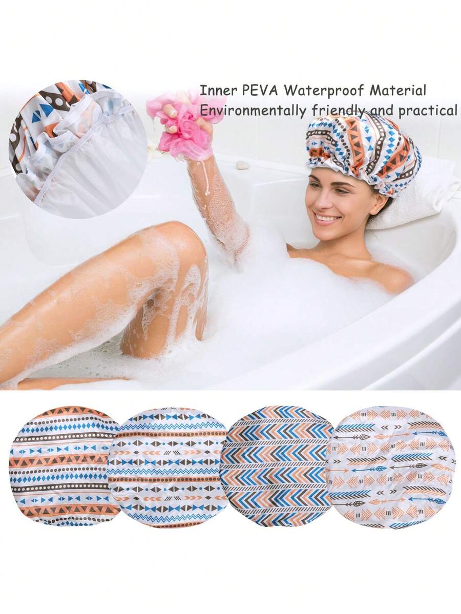 4PCS Boho Patterned Waterproof Shower Cap - Double Layer Fabric For Bathing, Cooking, Facial Treatment, Home Cleaning, Suitable For All Head Types, Providing All-Round Protection. - Multicolor - View 1