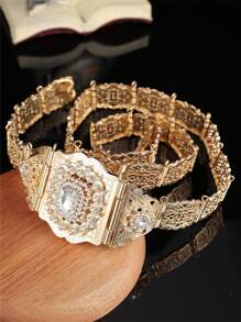 1pc Adjustable Length Moroccan Style Waist Chain, Women's Robe Metal Belt With Rectangular Rhinestone Inlay, Suitable For Wedding, Party, Festival, Ramadan Outfit Accessory - Waist Chain - View 3