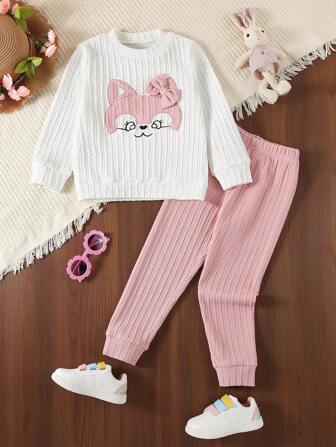 2 件套年轻女孩休闲可爱狐狸印花上衣和粉色运动裤套装，秋季