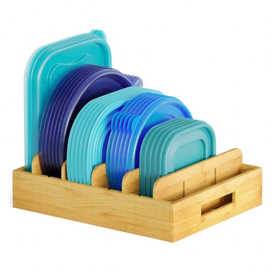 Kitchen Pantry Lid Holder With Bamboo, Adjustable Dividers For Cabinets And Food Storage Container Organizer, Includes Writable Labels - Tự nhiên - Xem 1