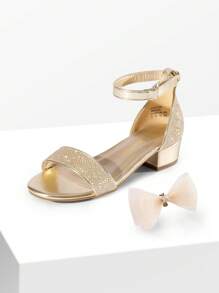 Girls Sandals Low Heel Dress Pump Ankle Strap Interchangeable Bow Flower Wedding Party Shoes For Little Kid/Big Kid - 金色閃光 - 查看 4