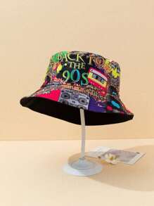 1 件男士彩色涂鸦磁带 90 年代图案双面复古渔夫帽，适合旅行和派对街头 - 彩色 - 查看 7