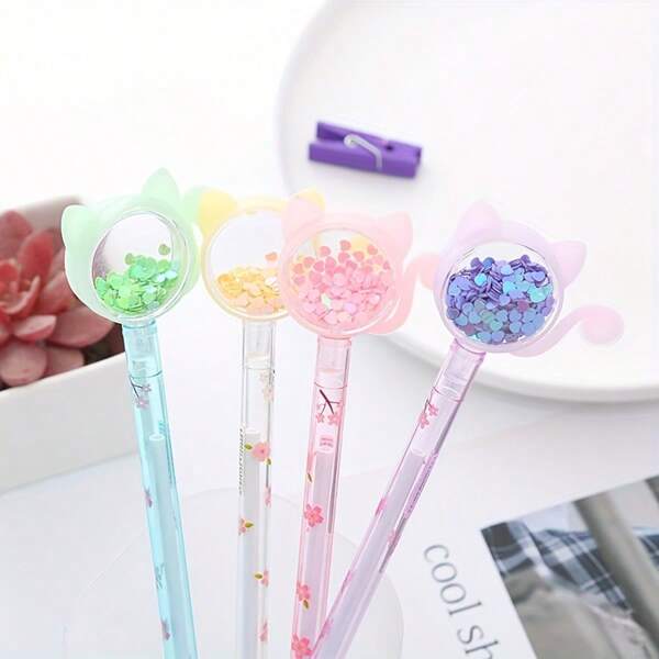 4pcs/Set Sparkly Cat Design Neutral Pens, Cute Kitty Creative Learning & Office Supply, Back To School Water-Based Ballpoint Pens