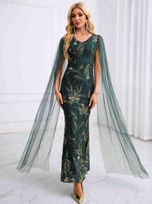 V-Neck Sequin Ruffle Sleeve Bodycon Floral Mesh Contrast Dress - Dark Green - View 1