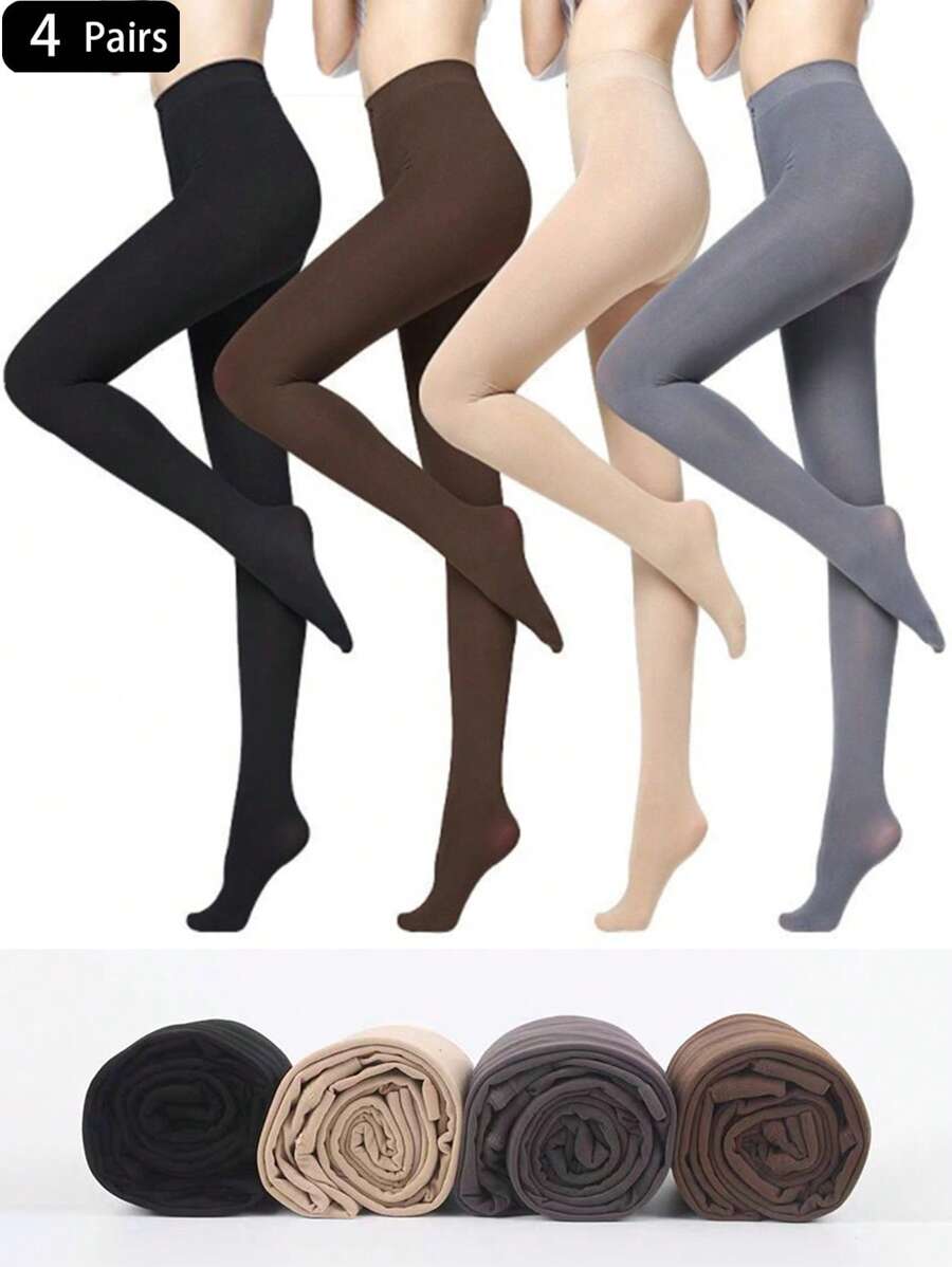4 cặp/bộ Quần tất nữ màu trơn, hàng dệt kim đục lỗ cho mùa xuân thu, đen/xám/cà phê - Nhiều màu - Xem 1