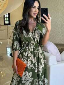 Elegant Floral Print Long Dress - Verde - Ver 2