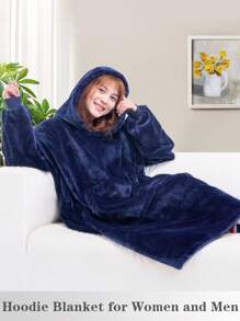 1 Pcs Wearable Blanket Sweatshirt Gifts For Women And Men, Warm And Cozy Giant Blanket Hoodie, Thick Flannel Blanket With Sleeves And Giant Pocket - Navy - View 4