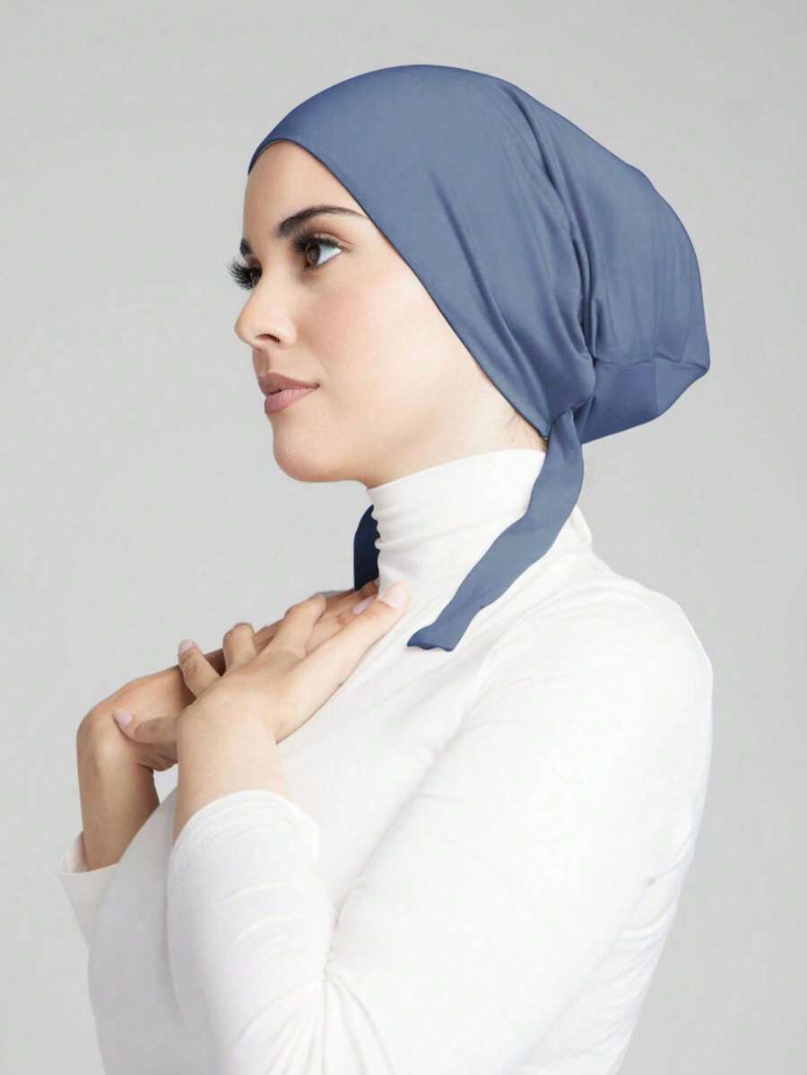 1 件纯色简约柔软舒适系带头巾头巾帽，女士头巾帽适合日常生活和户外活动 - 霧霾藍 - 查看 1