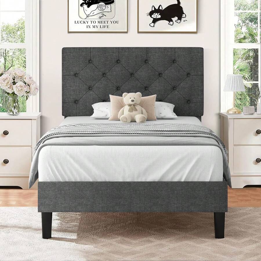 Upholstered  Bed Frame With Headboard, Linen Platform Bed  Frame With Wooden Slats Support,Twin/ Full/ Queen/ King,Pink/ White/ Blue/ Light Grey/ Dark Grey/ Black/ Cream - 淺灰色 - 查看 1