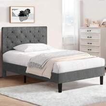 Upholstered  Bed Frame With Headboard, Linen Platform Bed  Frame With Wooden Slats Support,Twin/ Full/ Queen/ King,Pink/ White/ Blue/ Light Grey/ Dark Grey/ Black/ Cream - 淺灰色 - 查看 6