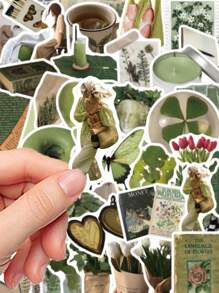 62张清新绿色花卉图案贴纸，防水PVC卡通装饰贴纸，适用于手机壳、笔记本电脑、平板电脑、吉他等DIY，返校季贴纸，剪贴簿用品，趣味贴纸，笔记本电脑贴纸，Kindle手机贴纸 - 綠色 - 查看 5
