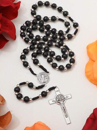 KOMI 1 pieza Collar con cruz INRI de cuentas de madera negras hechas a mano, regalo