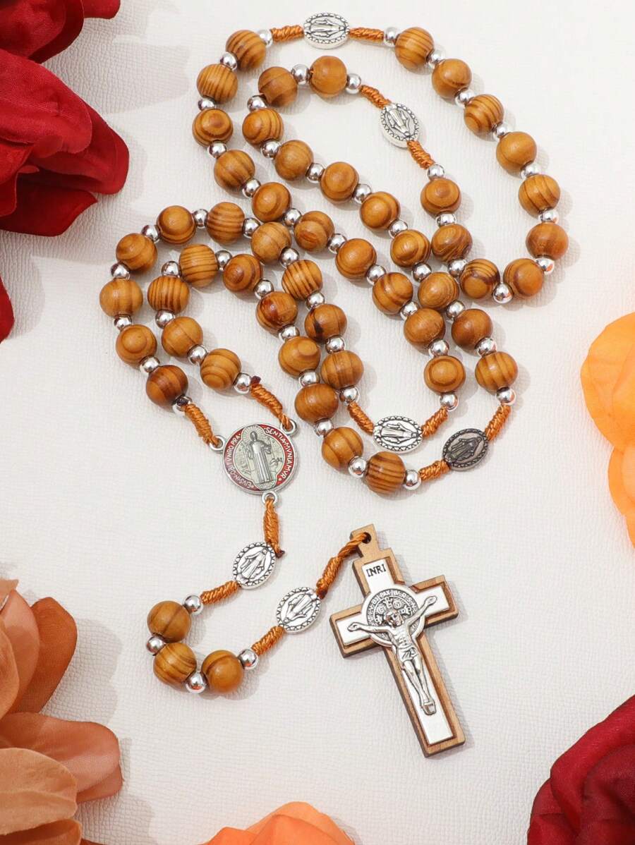 KOMI 1 件手工木珠 INRI 项链，洗礼节日礼物，圣母玛利亚耶稣吊坠 - 咖啡 - 查看 1