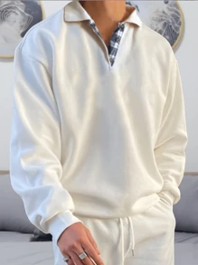 tooluck Men's Autumn And Winter Sweatshirt Solid Color Lapel Loose Long-Sleeved Sweatshirt - White - View 2