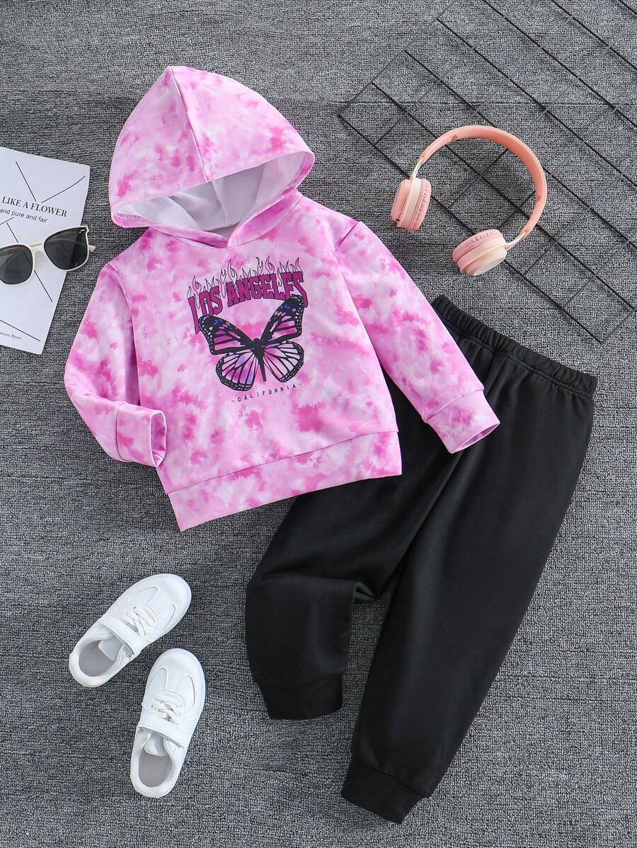 Girls Butterfly Print Warm Long Sleeve Sweatshirt Set, Suitable For Spring, Autumn And Winter - Hot Pink - View 1