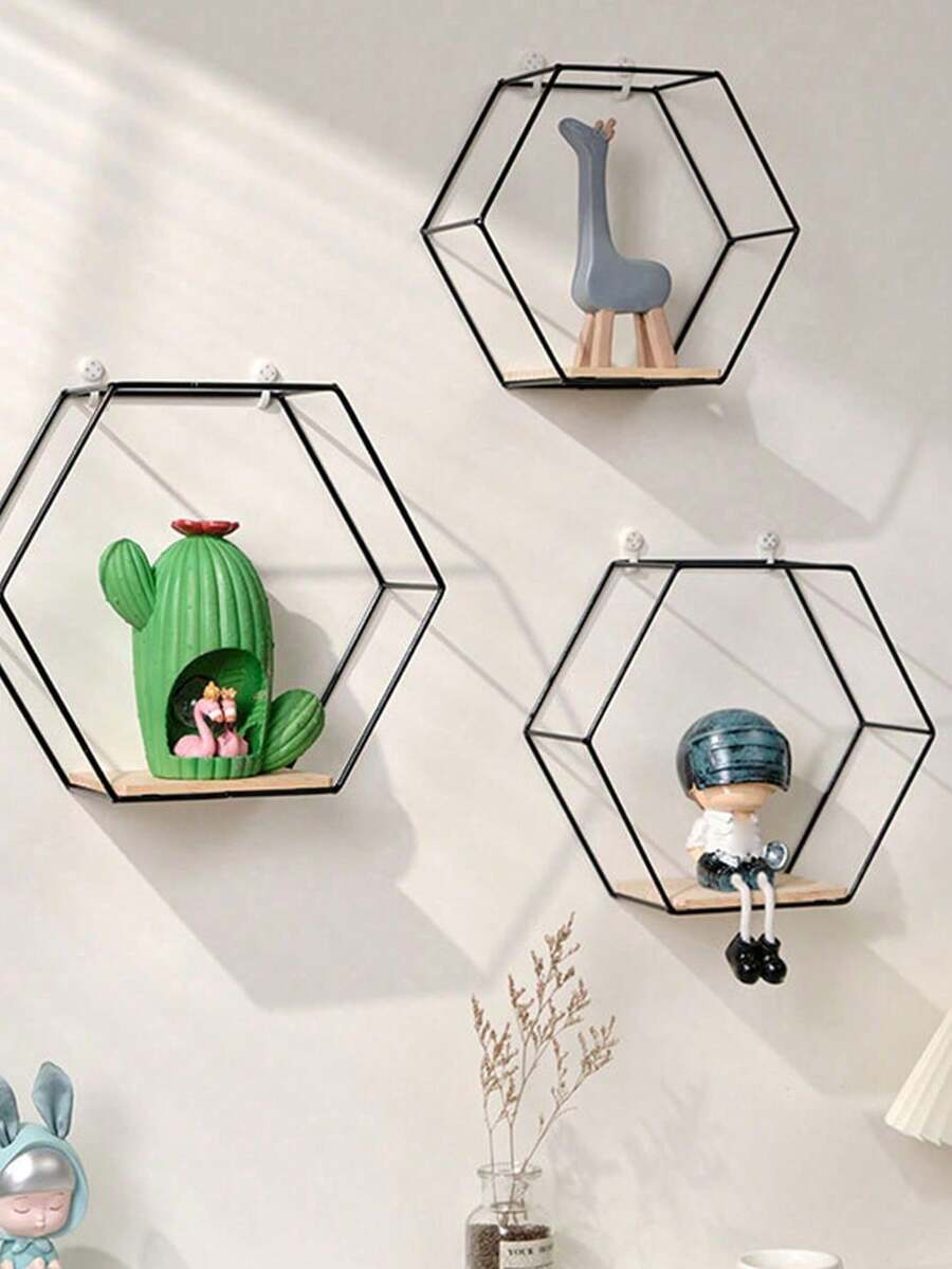 1 件 [带挂钩] 免钻多功能金属铁 + 木质壁挂式北欧风格收纳架，客厅、卧室、餐厅展示架 - 绿植、小雕像 - 黑色 - 查看 1