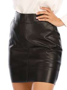 Chân váy da giả cho nữ, cạp cao co giãn, khóa kéo, dáng chữ A ngắn, mùa hè, xuân, đen - màu đen - Xem 3