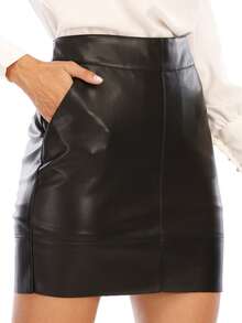 Chân váy da giả cho nữ, cạp cao co giãn, khóa kéo, dáng chữ A ngắn, mùa hè, xuân, đen - màu đen - Xem 1