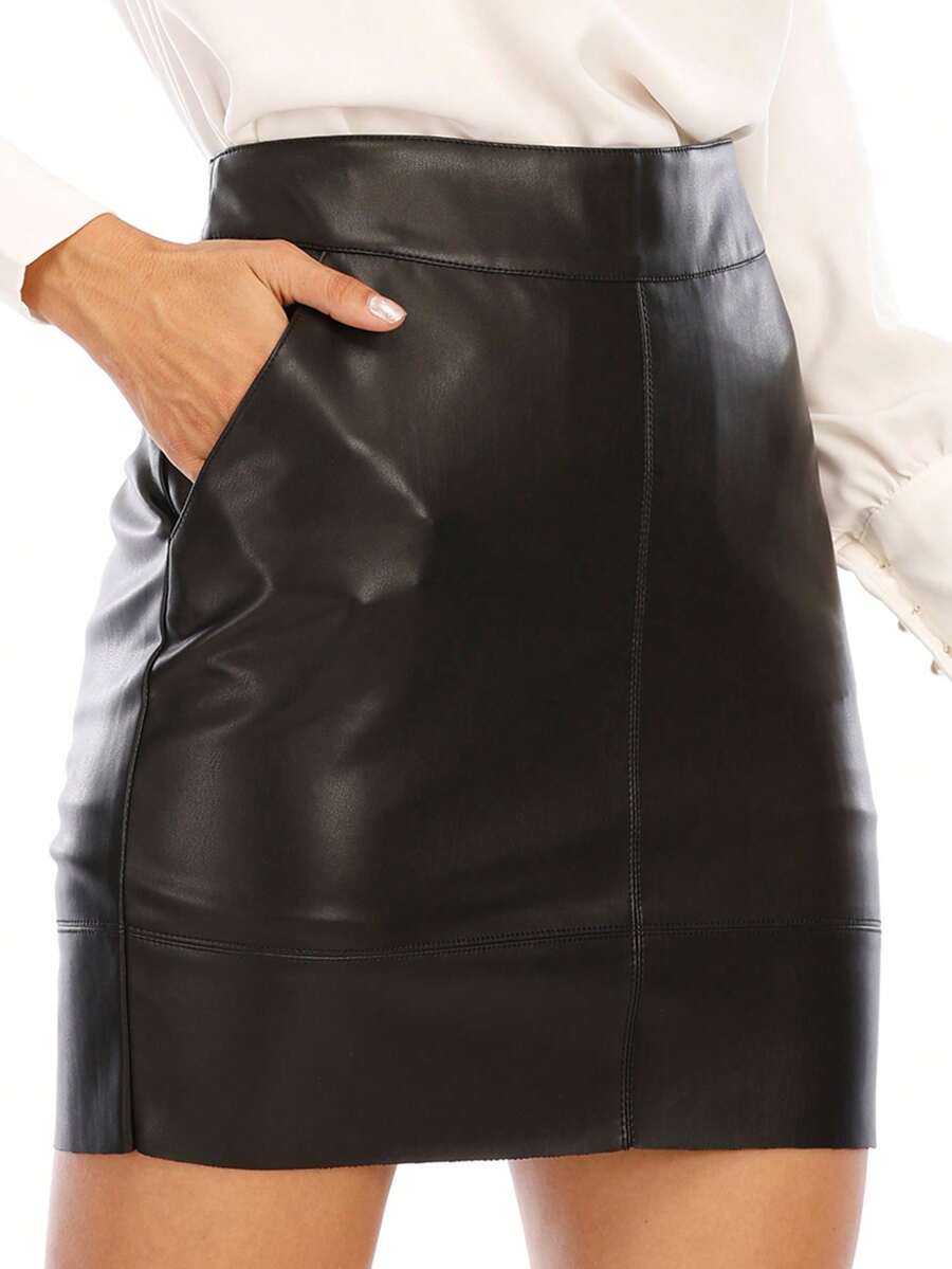 Chân váy da giả cho nữ, cạp cao co giãn, khóa kéo, dáng chữ A ngắn, mùa hè, xuân, đen - màu đen - Xem 1