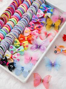 266 piezas Set surtido de ligas para el cabello, bandas elásticas y accesorios para el cabello con flores, lazos y tul de colores para niñas, estilo princesa lindo para uso diario y regalos
